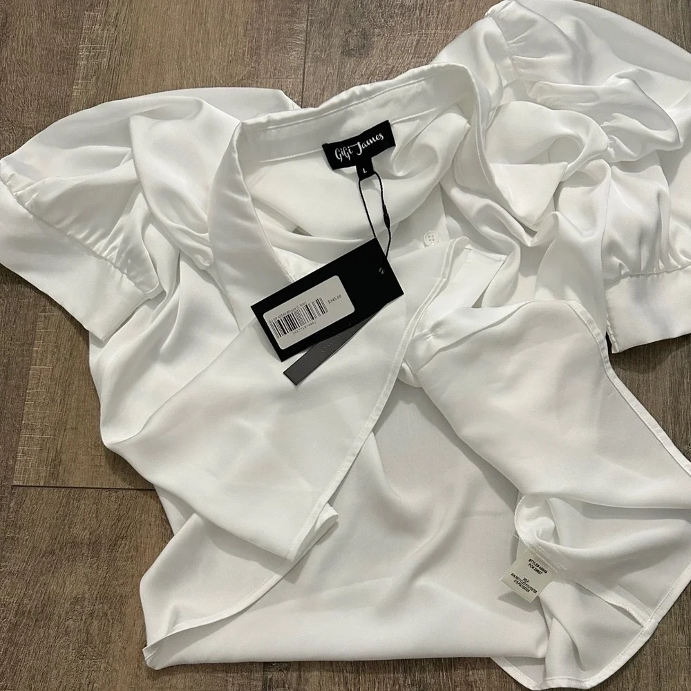 GiGi James Satin Puff Sleeve Button Down Subtle Sheen Blouse Large NWT $345 - Picture 5 of 6